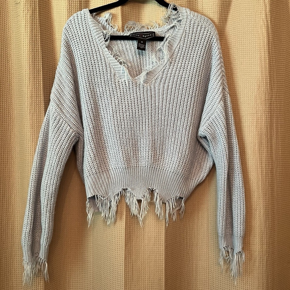 Polly & Esther Womens Grunge Y2K Frayed Hem Sweater Size M Blue Streetwear